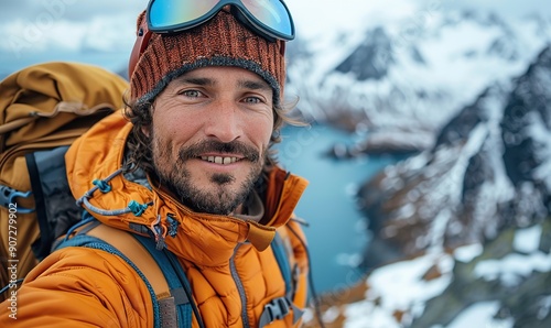 A cheerful climber is taking a selfie with a smart mobile phone while hiking in the mountains, highlighting the travel and action camera aspects.