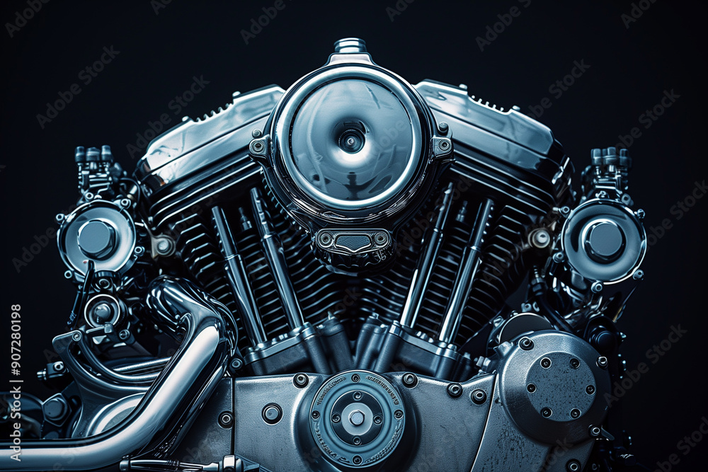 Fototapeta premium Close-up of a shiny motorbike engine with chrome details