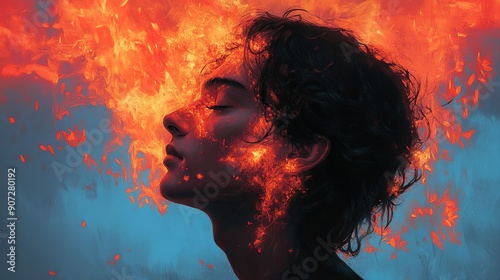 A Woman's Face Burning with Fire and Scattered Orange Petals