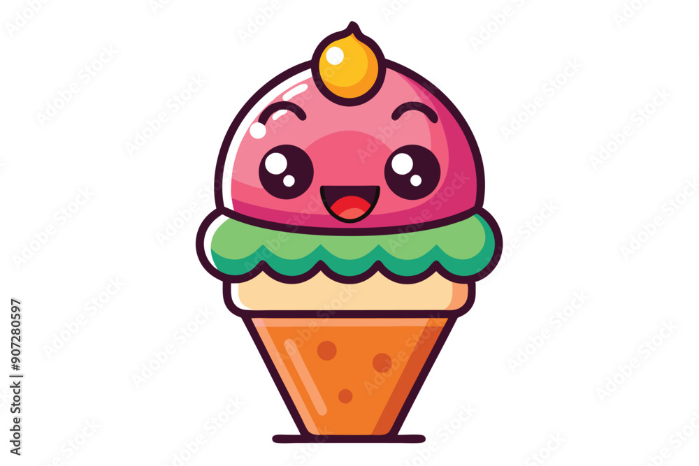 Cute Cartoon Ice Cream Cone with Happy Face