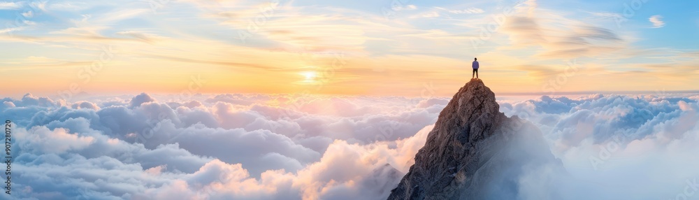 Obraz premium A solitary figure stands triumphantly atop a mountain, surrounded by clouds and bathed in the warm glow of a sunrise.