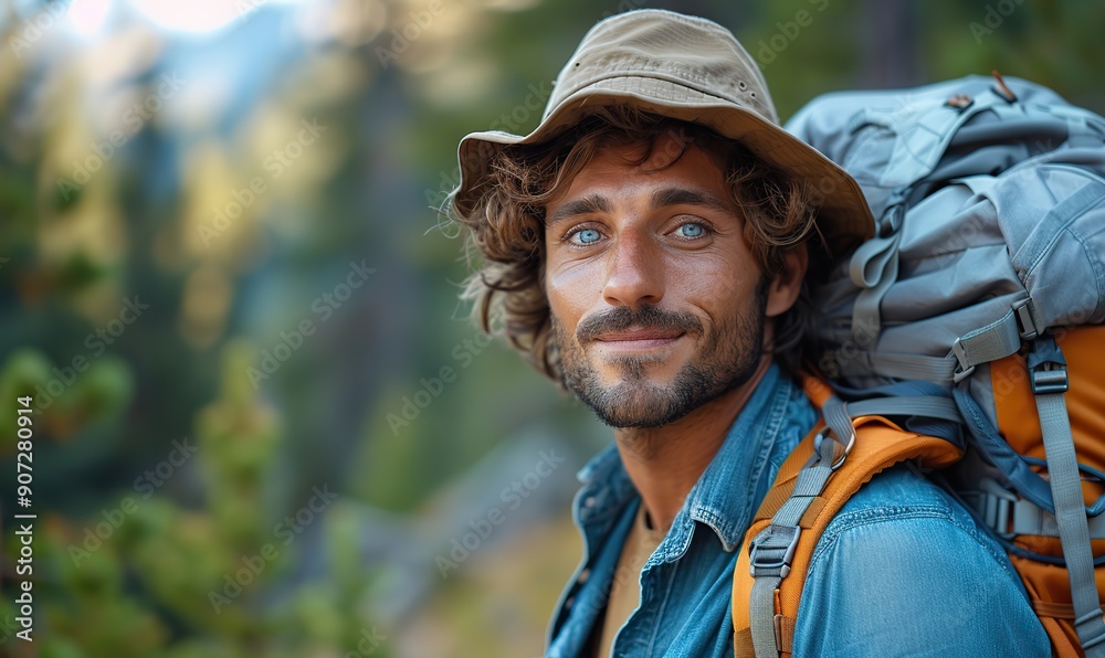 A male tourist with a backpack is taking a selfie in nature while hiking through the mountains, enjoying the scenic forest. A male tourist with a backpack is taking a selfie in nature while hiking through the mountains, enjoying the scenic forest.