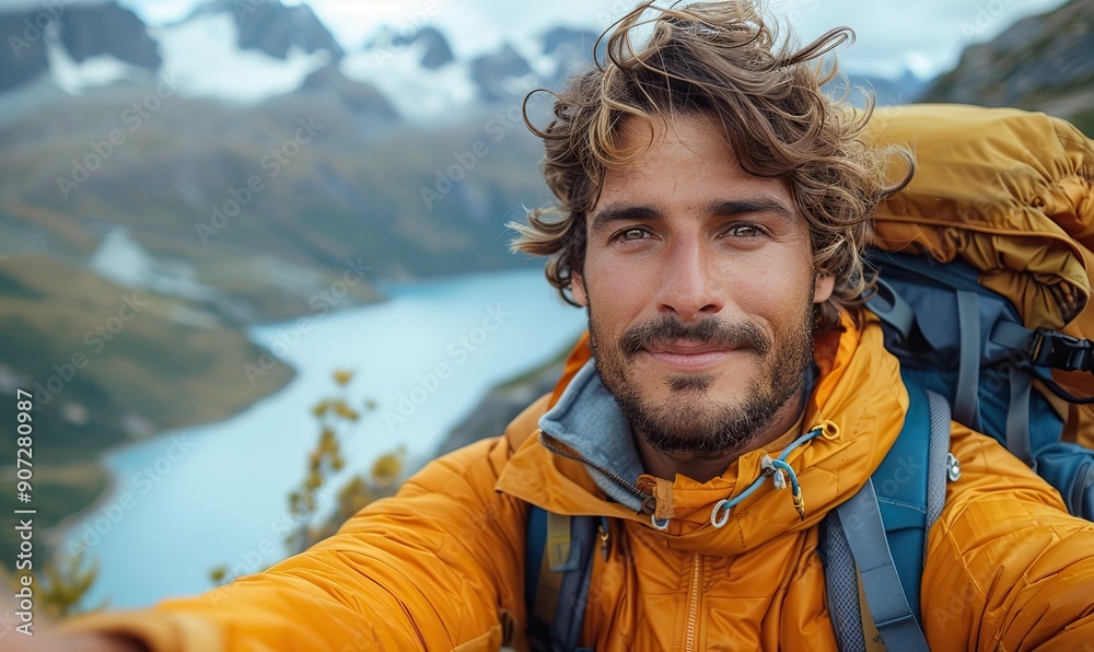 A young hiker with a backpack is taking a selfie outdoors while traveling in the mountains, focusing on lifestyle and technology. A young hiker with a backpack is taking a selfie outdoors while traveling in the mountains, focusing on lifestyle and technology.