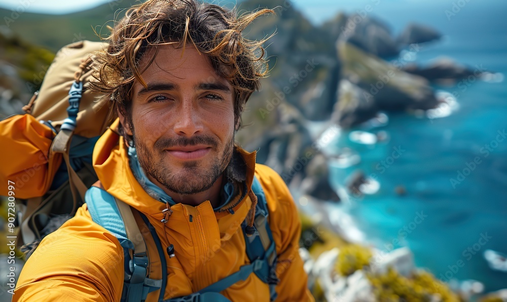 A young hiker with a backpack is taking a selfie outdoors while traveling in the mountains, focusing on lifestyle and technology. A young hiker with a backpack is taking a selfie outdoors while traveling in the mountains, focusing on lifestyle and technology.