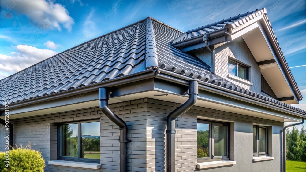 Modern house corner with large windows, gray metal tile roof, and exterior metallic guttering and drainage system, offering ample copy space for text or design additions. Modern house corner with large windows, gray metal tile roof, and exterior metallic guttering and drainage system, offering ample copy space for text or design additions.