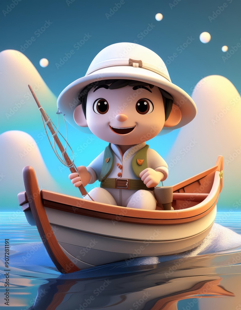 3D cheerful cartoon boy rows a boat with a fishing rod 3D cheerful cartoon boy rows a boat with a fishing rod