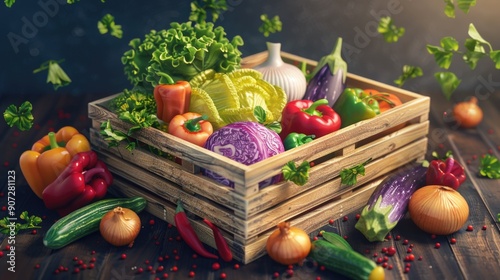 A wooden crate filled with various types of vegetables, perfect for grocery store or market scenes