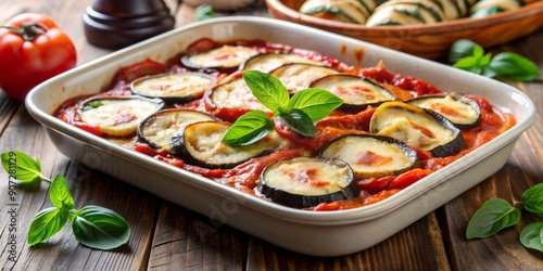 Richly layered casserole dish filled with tender eggplant slices, melted mozzarella cheese, tangy tomato sauce, fresh basil, and fragrant oregano, Italian comfort food perfection.