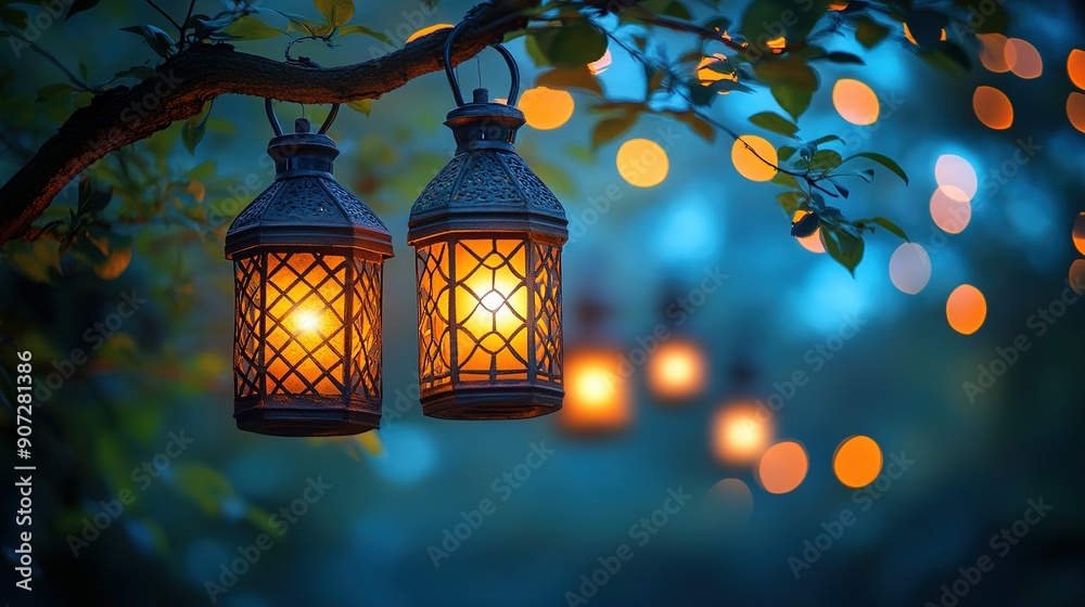 Two Lit Lanterns Hanging from a Tree Branch at Dusk Two Lit Lanterns Hanging from a Tree Branch at Dusk