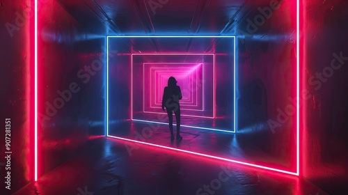 Geometric figure in neon light against a dark tunnel