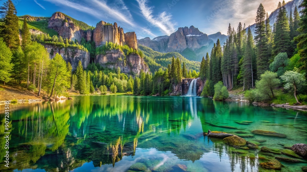 Fototapeta premium Serene morning scene of turquoise Hanging Lake reflecting surrounding lush green forest and majestic mountain peaks in Rocky Mountain National Park, Colorado.