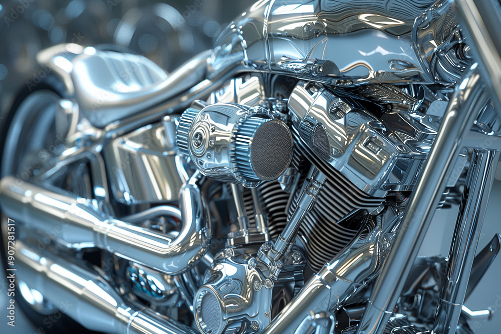 Close-up of a chrome motorcycle engine with complex mechanics Close-up of a chrome motorcycle engine with complex mechanics