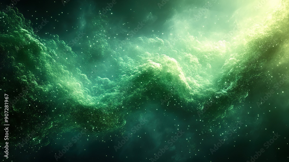 Obraz premium Green Nebula with Scattered Stars and Glowing Clouds