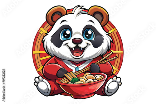 A cheerful panda wearing red clothes eats ramen with chopsticks