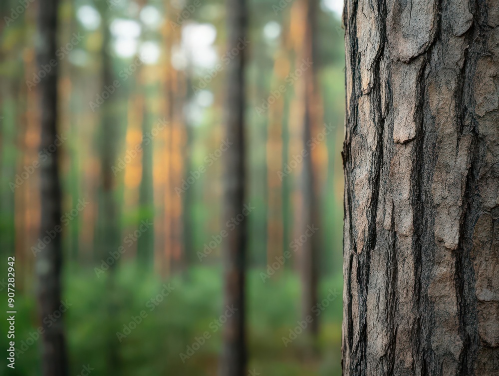 Fototapeta premium Advanced ecotourism in a pine forest, textured bark, captivating scenery, rich plant diversity, travelers immersed in nature with tech aids