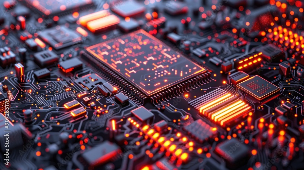 Closeup of a Red Illuminated Circuit Board with a Microchip Closeup of a Red Illuminated Circuit Board with a Microchip