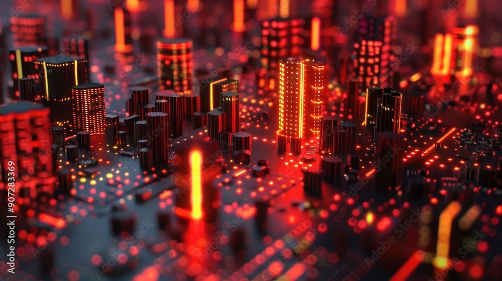 Red-Lit Cityscape Model with Glowing Towers Red-Lit Cityscape Model with Glowing Towers