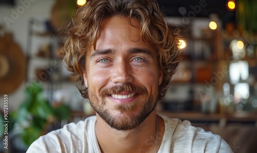 A handsome young man is taking a selfie at home, smiling happily at the camera as an influencer on social media.