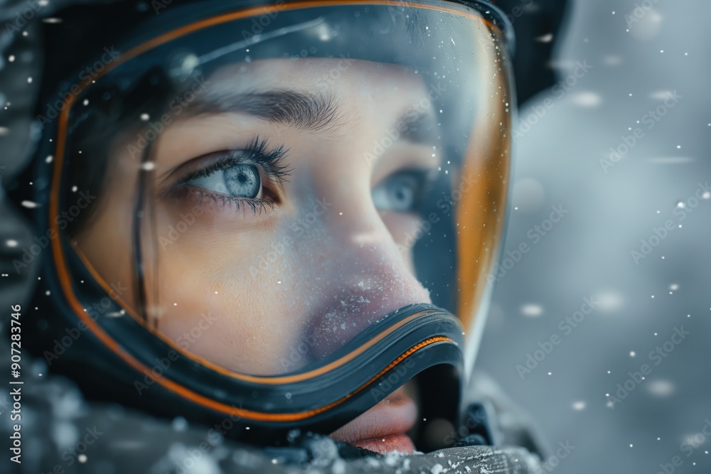 Young woman wearing ski goggles enjoying snowfall
