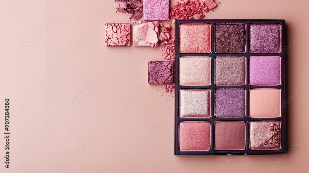 Palette of vibrant eye shadow in pink purple and neutral shades on beige backdrop with space Female beauty product in square packaging viewed from top with cosmetic samples flatly Palette of vibrant eye shadow in pink purple and neutral shades on beige backdrop with space Female beauty product in square packaging viewed from top with cosmetic samples flatly
