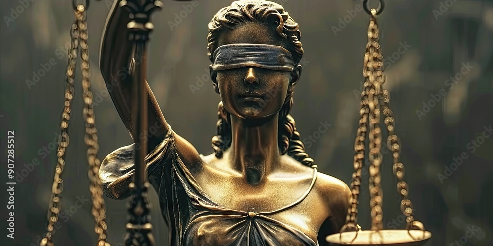 Fototapeta premium Blind Justice: A statue or illustration of a blindfolded Lady Justice holding scales and a sword, symbolizing impartiality and fairness.