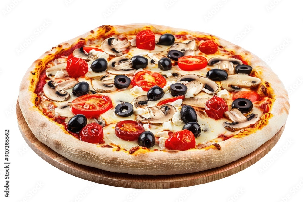 A slice of pizza with various toppings including olives, tomatoes, and mushrooms