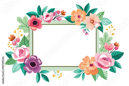 Floral Frame with Colorful Flowers and Green Leaves