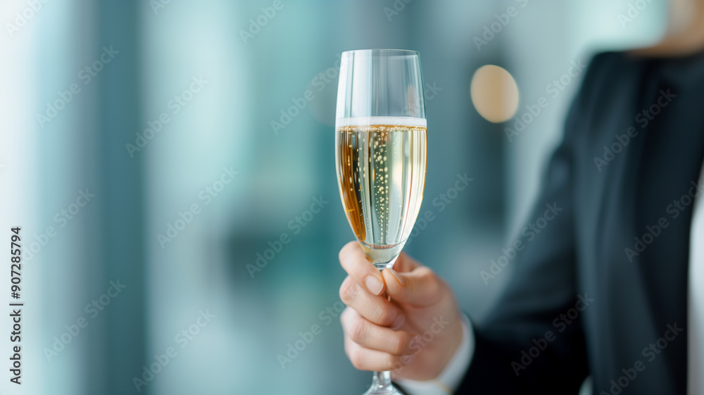 Obraz premium A person in a black suit holds a glass of champagne, highlighting a business celebration. The glass and hand are in focus, with a blurred, modern background.