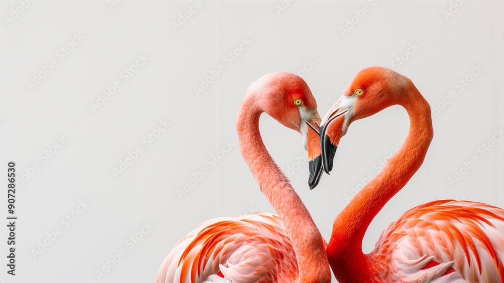 Obraz premium Two pink flamingos on a white background, copy space for text