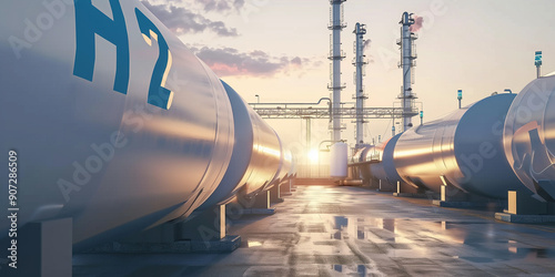 A hydrogen storage facility at sunset with large H2 tanks and industrial infrastructure, capturing the reflection of the evening light on the metallic surfaces of the storage tanks.