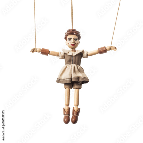 Wooden Marionette Puppet with Strings Isolated On Transparent Background photo