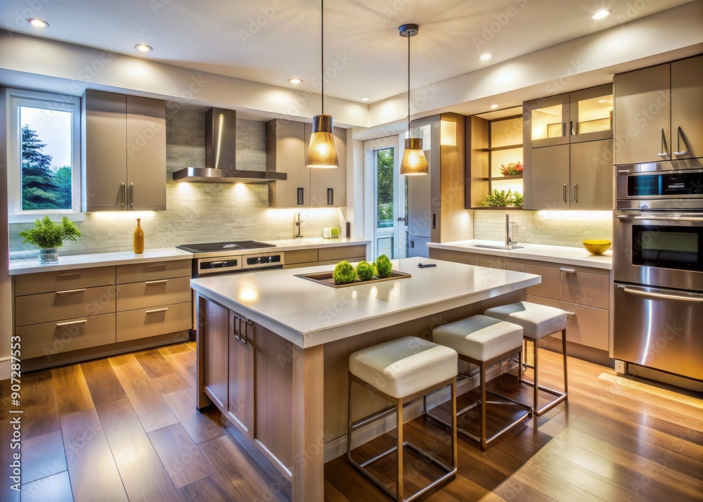 Warm and inviting modern kitchen with sleek white countertops, stainless steel appliances, and soft backlighting, perfect for cooking and socializing with loved ones. Warm and inviting modern kitchen with sleek white countertops, stainless steel appliances, and soft backlighting, perfect for cooking and socializing with loved ones.