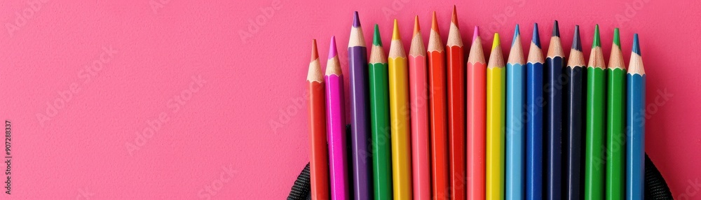 A vibrant collection of colored pencils arranged neatly against a pink background, perfect for art and school projects. A vibrant collection of colored pencils arranged neatly against a pink background, perfect for art and school projects.