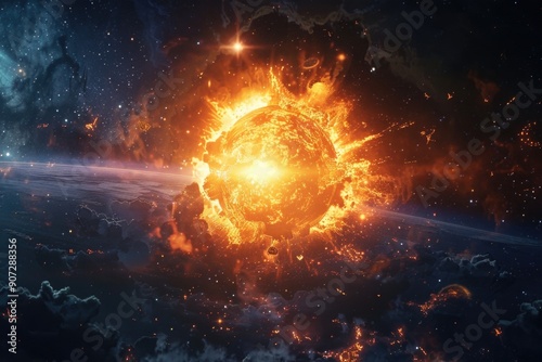 Wallpaper Mural A bright orange explosion in space with a planet in the background Torontodigital.ca