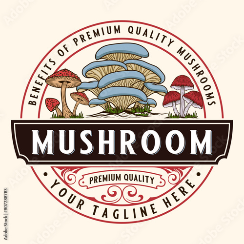 mushroom logo. organic plant mushroom farming mushroom business brand label banner design vector illustration