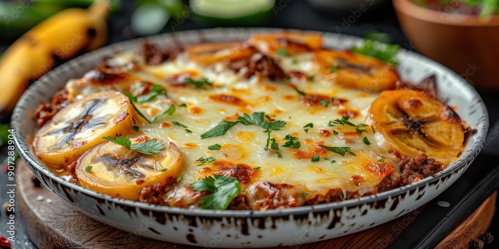 Delicious Homemade Plantain and Meat Casserole Topped with Melted Cheese and Fresh Herbs, Perfect for a Hearty Meal