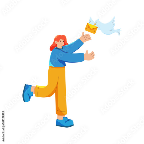 A woman sends a letter using a carrier pigeon