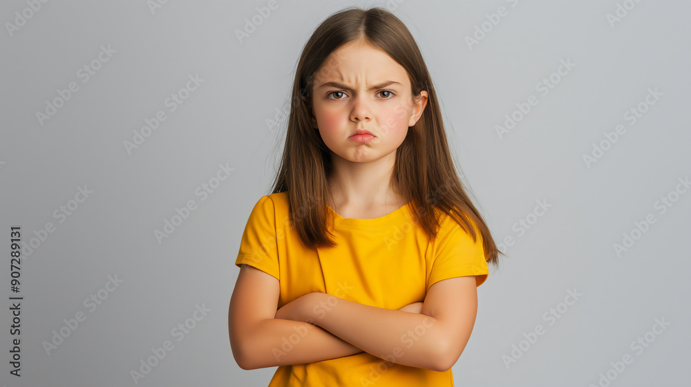 Caucasian girl with angry expression with arms crossed, studio shot against blue background, copy space Caucasian girl with angry expression with arms crossed, studio shot against blue background, copy space