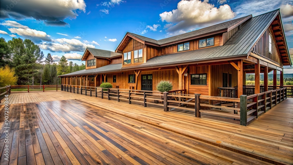 The exterior of a rustic horse ranch featuring a large wooden walkout deck , ranch, horse, animals, rural, wooden, deck The exterior of a rustic horse ranch featuring a large wooden walkout deck , ranch, horse, animals, rural, wooden, deck