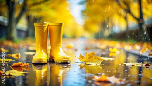 Vibrant yellow rain boots stand upright on a wet pavement, surrounded by raindrops and fallen leaves, evoking a sense of cozy autumnal morning after a storm.
