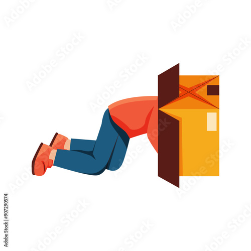 Illustration of a man hiding or getting into a large cardboard box