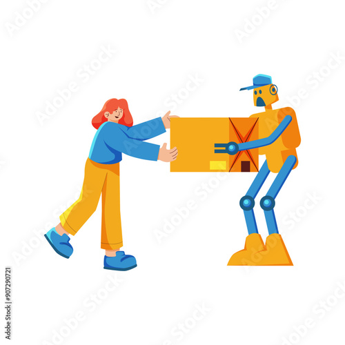 Illustration of a smart robot delivering ordered goods to a woman according to the delivery address
