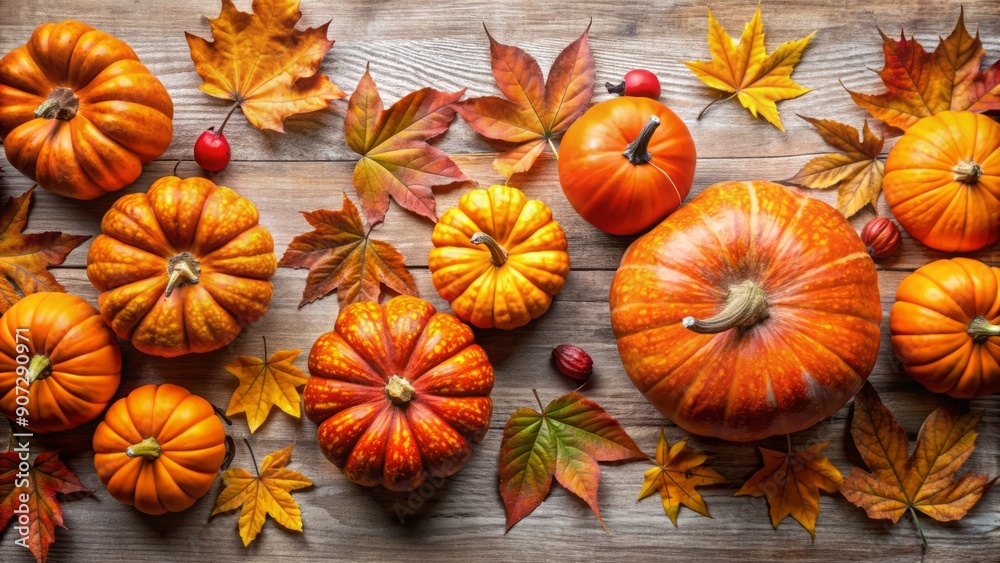 Vibrant orange pumpkins and fall leaves scatter across a light surface, creating a warm and inviting autumnal atmosphere with rich textures and natural colors. Vibrant orange pumpkins and fall leaves scatter across a light surface, creating a warm and inviting autumnal atmosphere with rich textures and natural colors.