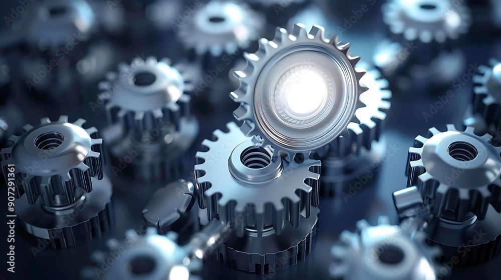 Close up of a group of metallic gears, with one glowing gear, representing innovation and progress. Close up of a group of metallic gears, with one glowing gear, representing innovation and progress.
