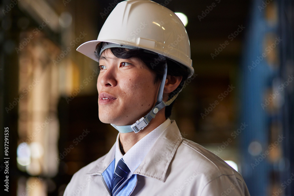 工場内で点検を行う作業着を着た男性 工場内で点検を行う作業着を着た男性