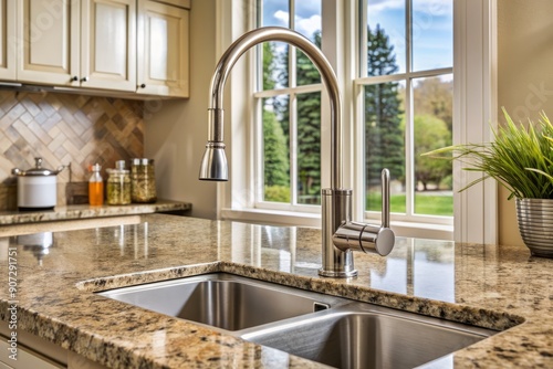 Modern compact undermount kitchen faucet with built-in water filter for reverse osmosis system installed on high pressure laminate countertop with granite composite sink.