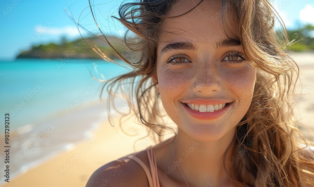 A happy young woman is taking a selfie at the beach with her smartphone, enjoying a sunny day outside and embracing a healthy lifestyle. A happy young woman is taking a selfie at the beach with her smartphone, enjoying a sunny day outside and embracing a healthy lifestyle.