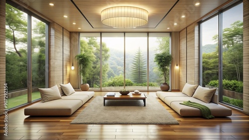 Serenity fills this compact luxurious home meditation room with floor-to-ceiling windows, plush cream-colored furnishings, and a peaceful ambiance, perfect for mindfulness and relaxation.