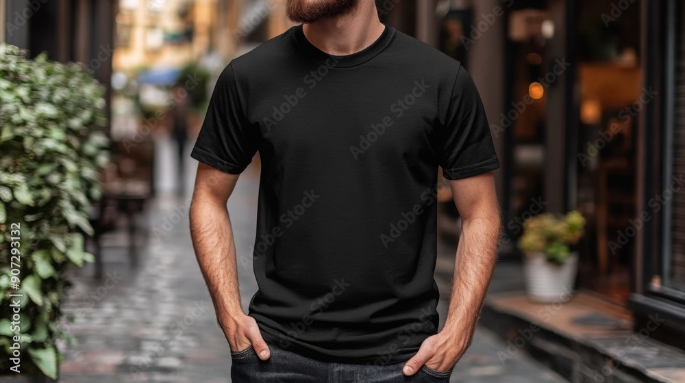 Young Model Shirt Mockup, Boy wearing black t-shirt on street in daylight, Shirt Mockup Template on hipster adult for design print, Male guy wearing casual t-shirt mockup placement