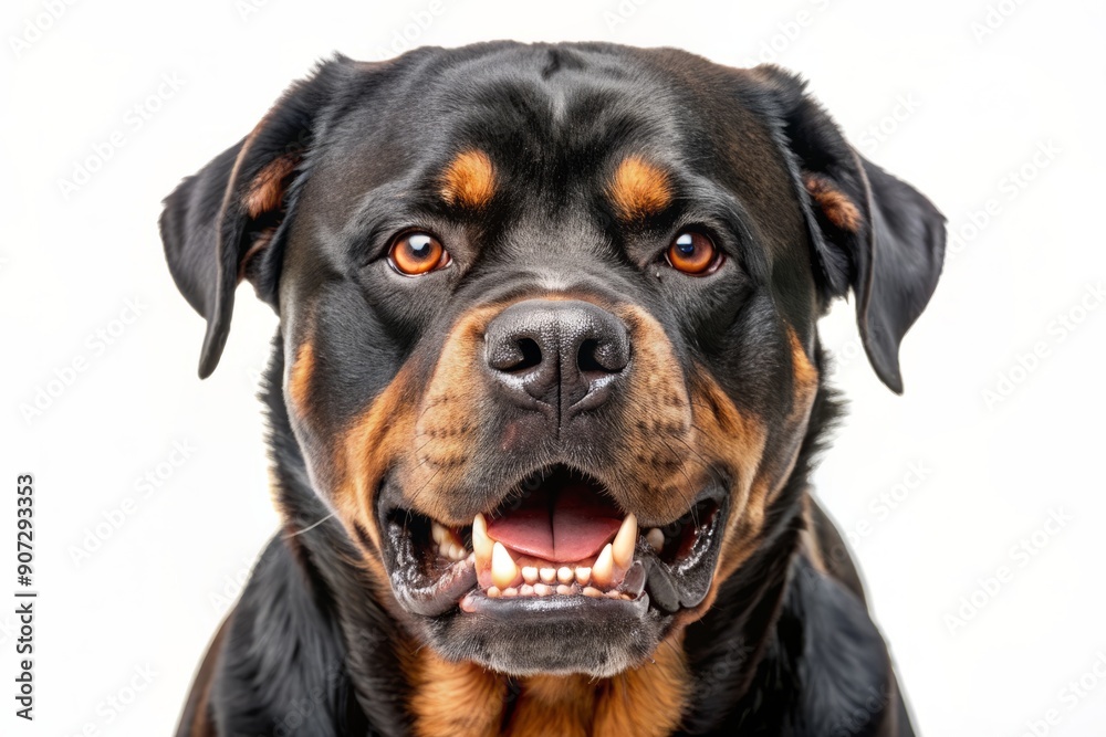 Menacing Rottweiler with sharp teeth and glowing eyes growls aggressively, its muscular body tense, isolated on a pure white background, exuding intimidation and power.